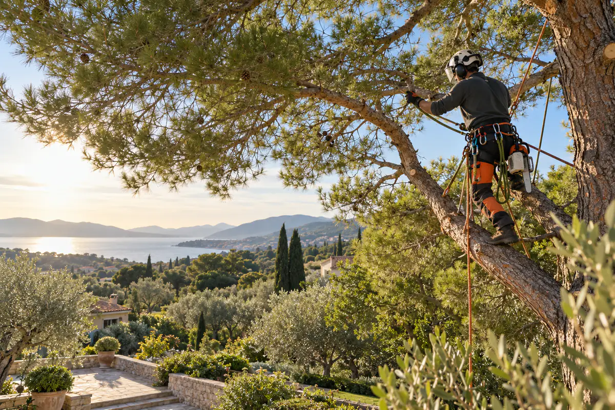 Arboriste sur corde préparant une taille de branches